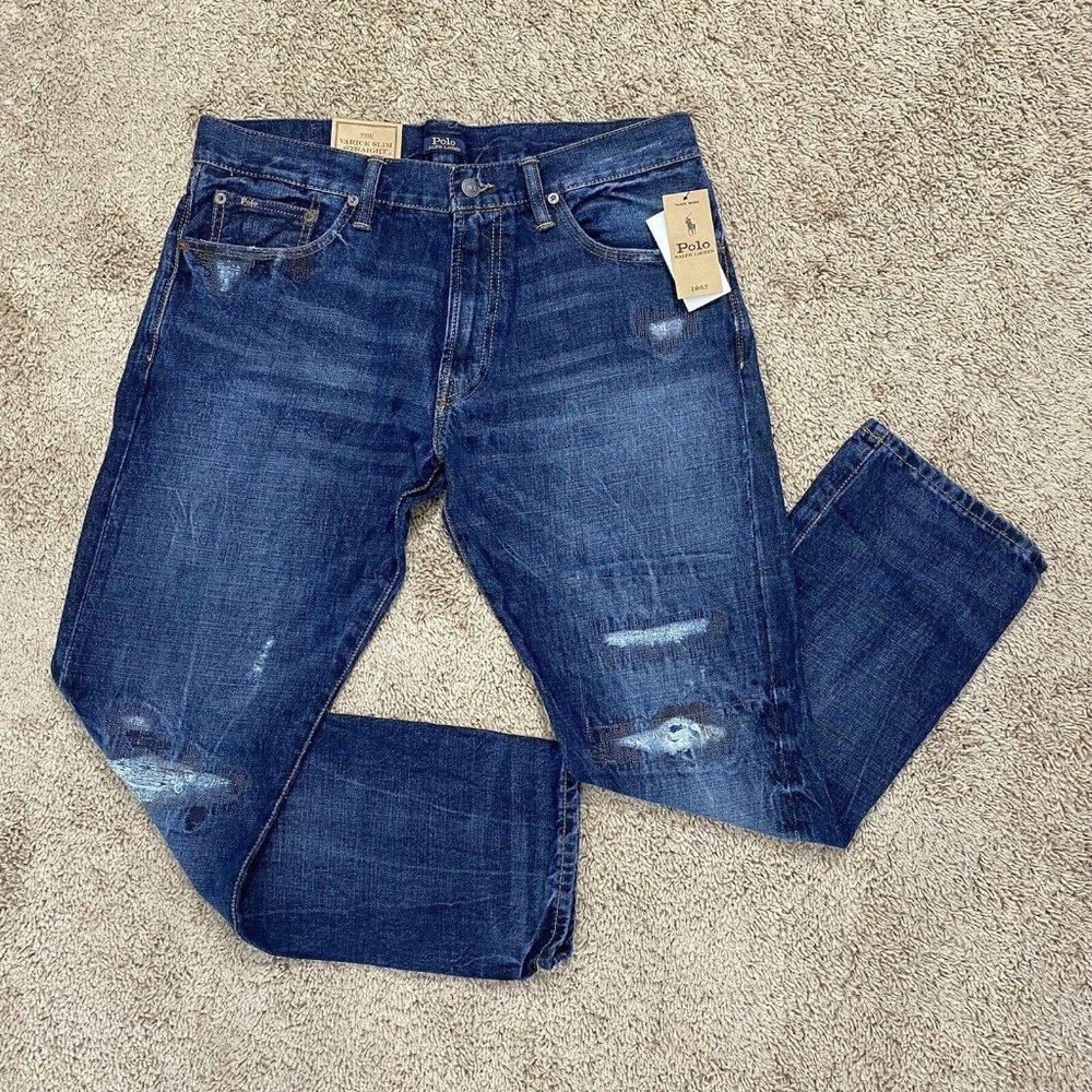 Polo Ralph Lauren The Varick Slim Straight Distressed Patch Jeans Men’s 34 x 34